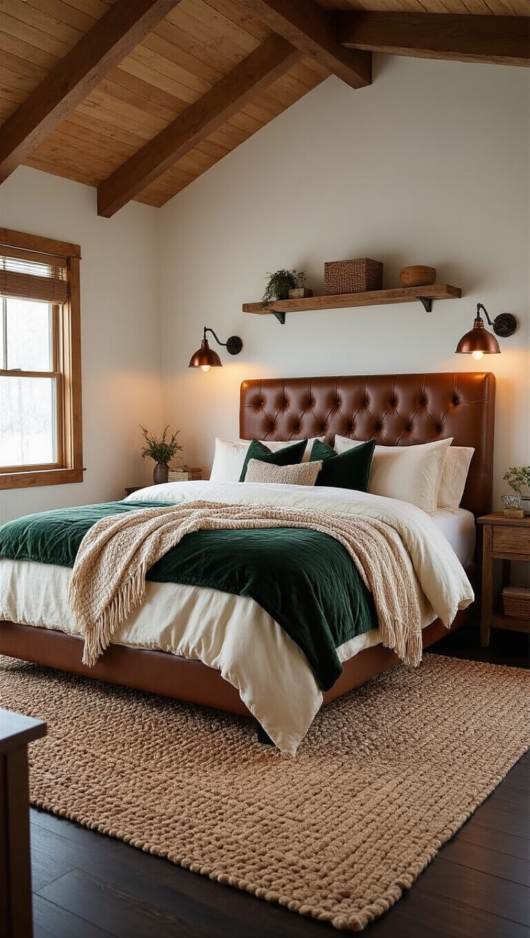 Cozy winter cabin bedroom with queen bed in cream and green linens, tufted leather headboard, warm lighting, and rustic decor.