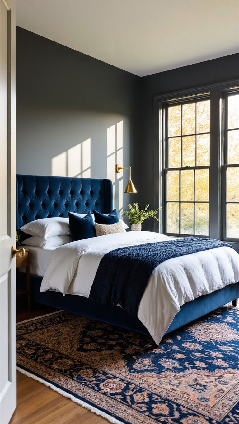 Moody 14x16ft bedroom with navy velvet bed, white linens, and brass sconces, lit by golden afternoon light through floor-to-ceiling windows.