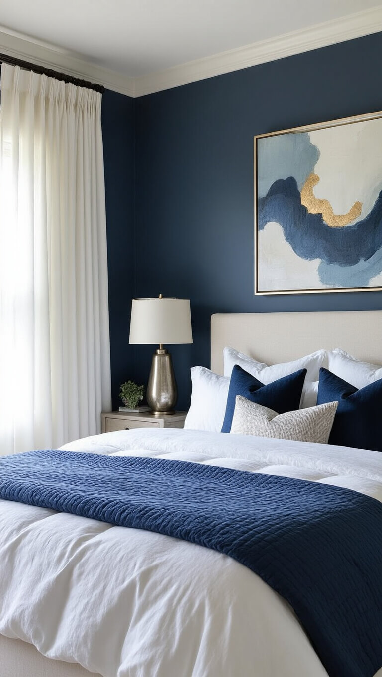 Serene bedroom with natural light, featuring a sculptural king bed with ivory headboard, Salty Dog blue walls, layered bedding, mixed-metal lamps, and an abstract blue and gold canvas.