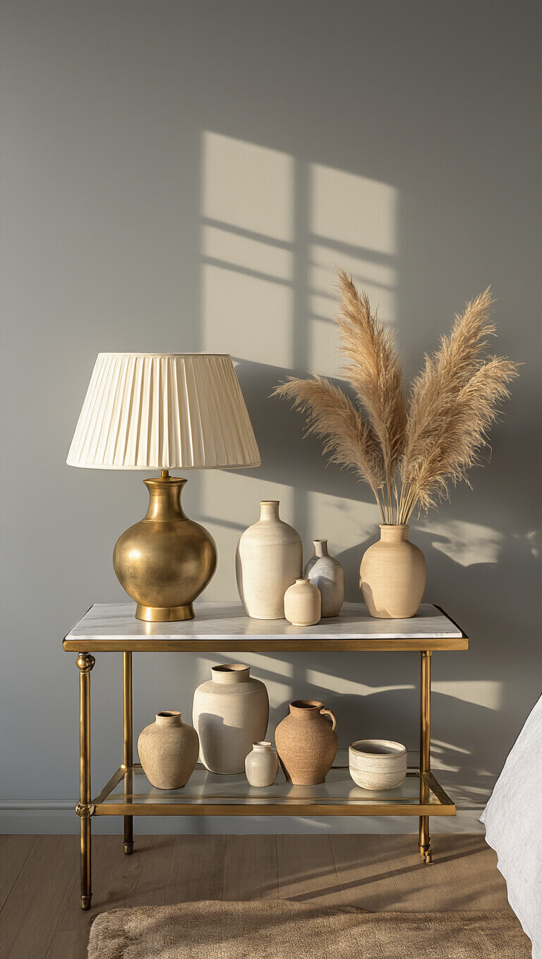 Golden hour light casts shadows on a styled bedroom vignette with a brass étagère, ceramic vessels, marble side table, modern lamp, and pampas grass.