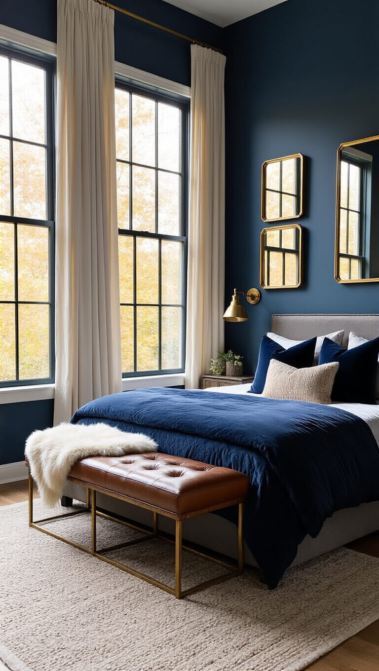 Cozy fall bedroom with Hague Blue walls, velvet pillows, faux fur throws, brass lighting, leather bench, vintage mirrors, and ivory drapes at blue hour.