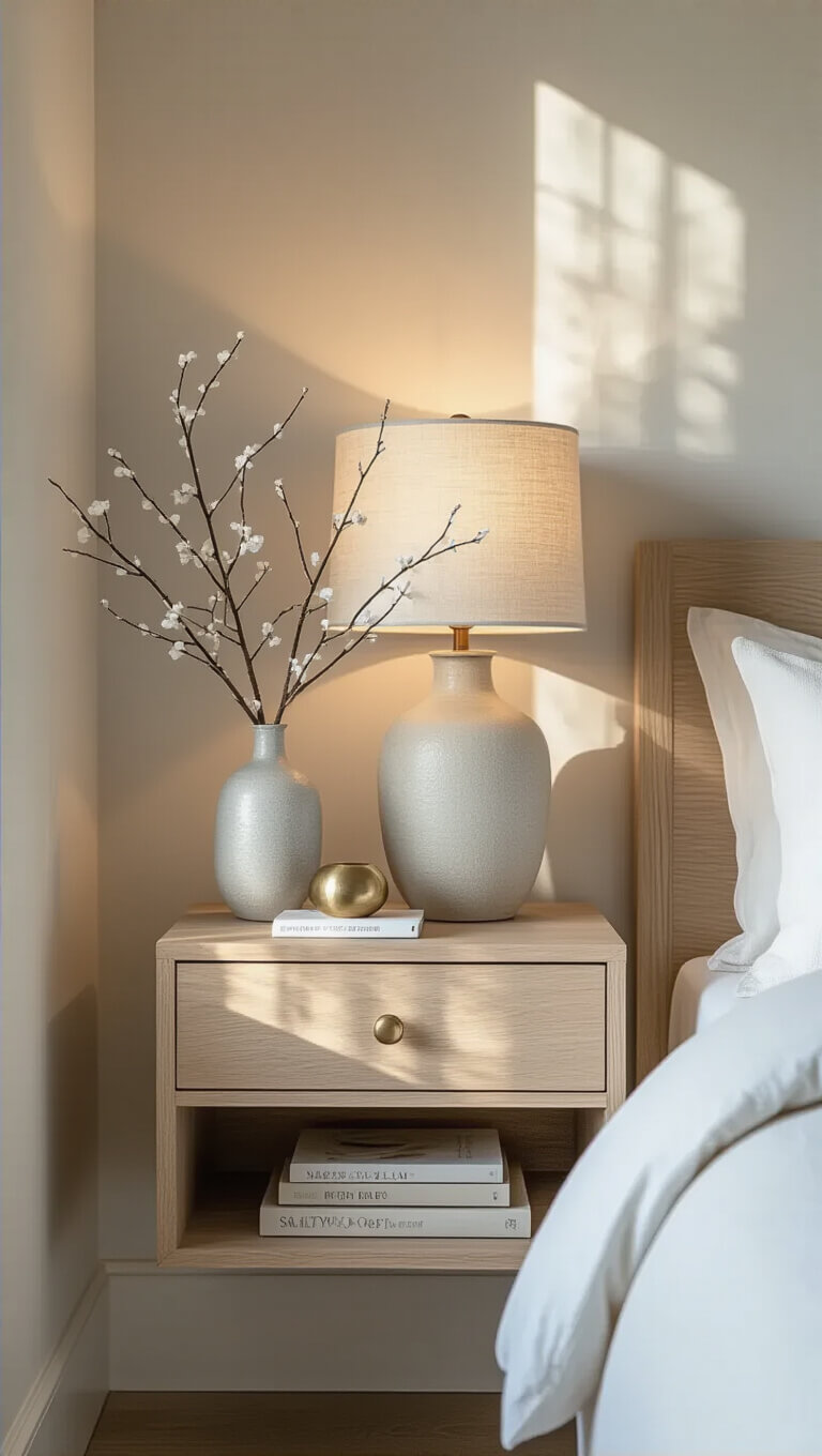 Minimalist luxurious bedroom corner with floating bleached oak nightstand, ceramic lamp, silver vase with white branches, art books, and brass object against Salty Dog walls, softly lit by morning light.