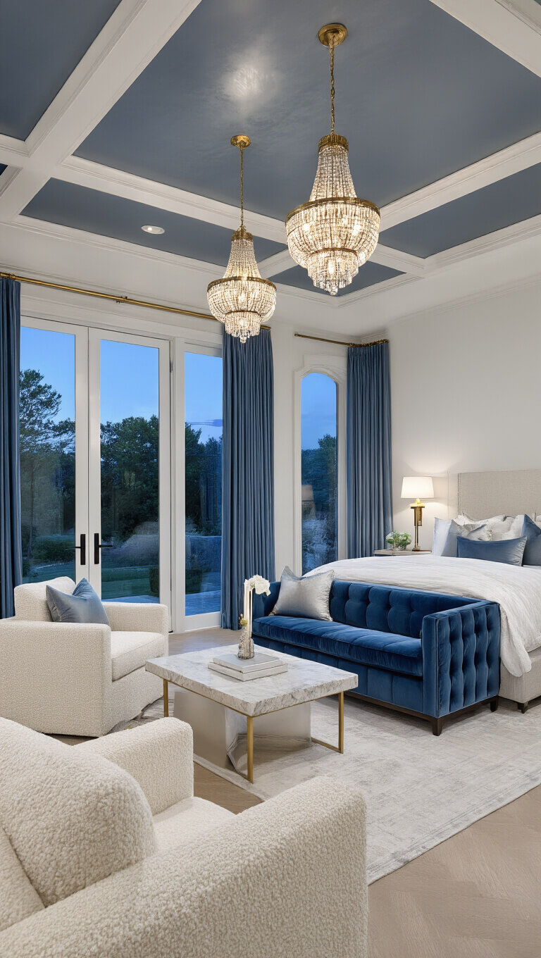 Elegant master bedroom at twilight with tray ceiling in glossy Gentleman's Gray, king bed in blue velvet and silver accents, brass chandeliers, ivory bouclé chairs, and steel blue silk curtains framing garden views.