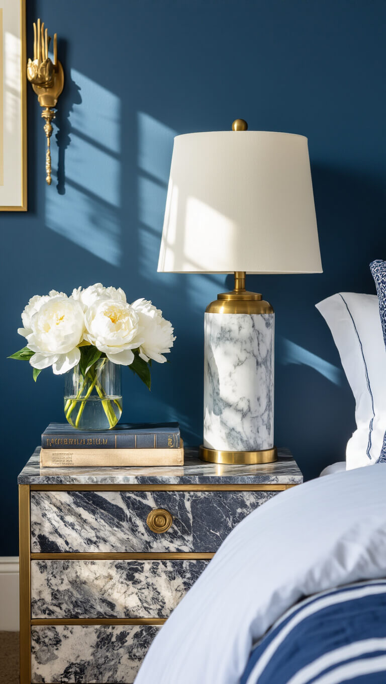 Morning light on brass and marble nightstand with vintage books, ceramic lamp, white peonies, and layered bedding against Hague Blue walls.