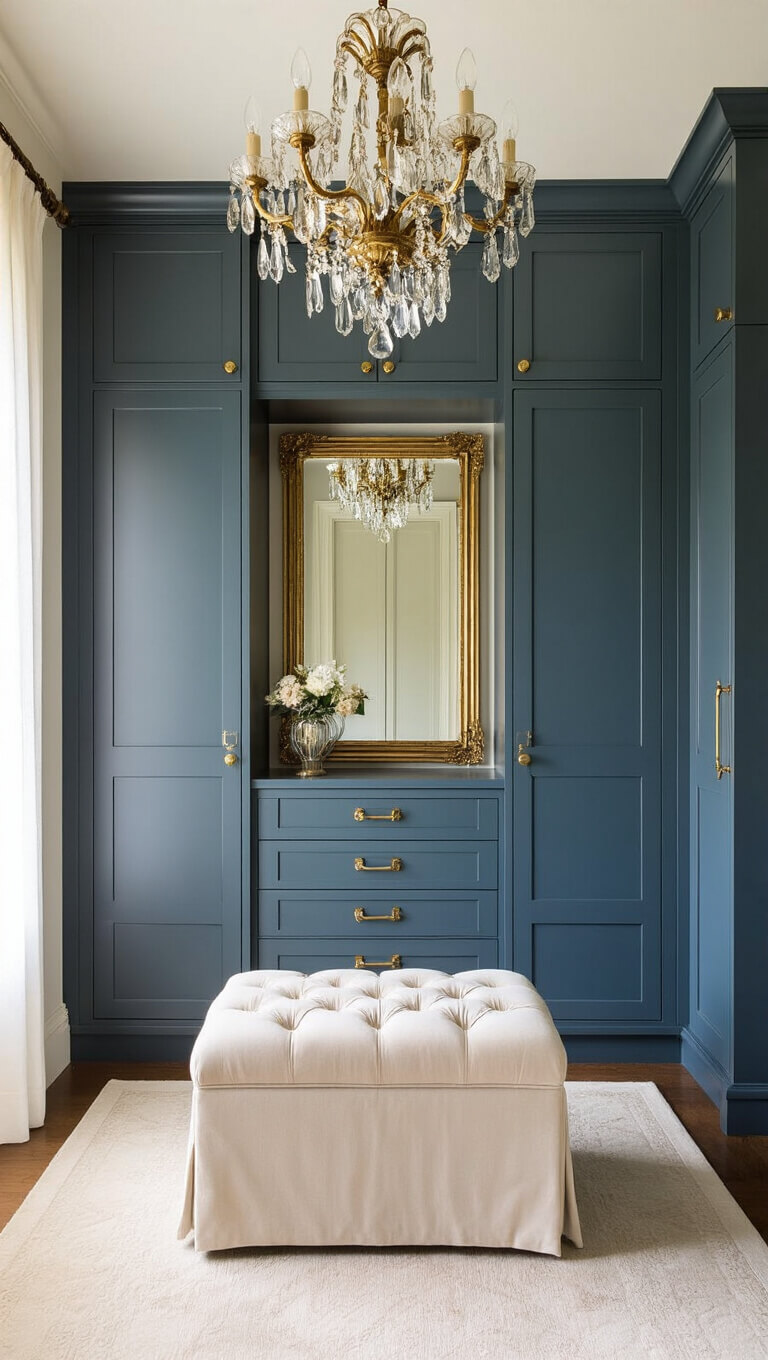 Elegant dressing area with Salty Dog built-in wardrobes, cream tufted ottoman, gilt mirror, and vintage Murano glass chandelier in soft morning light.