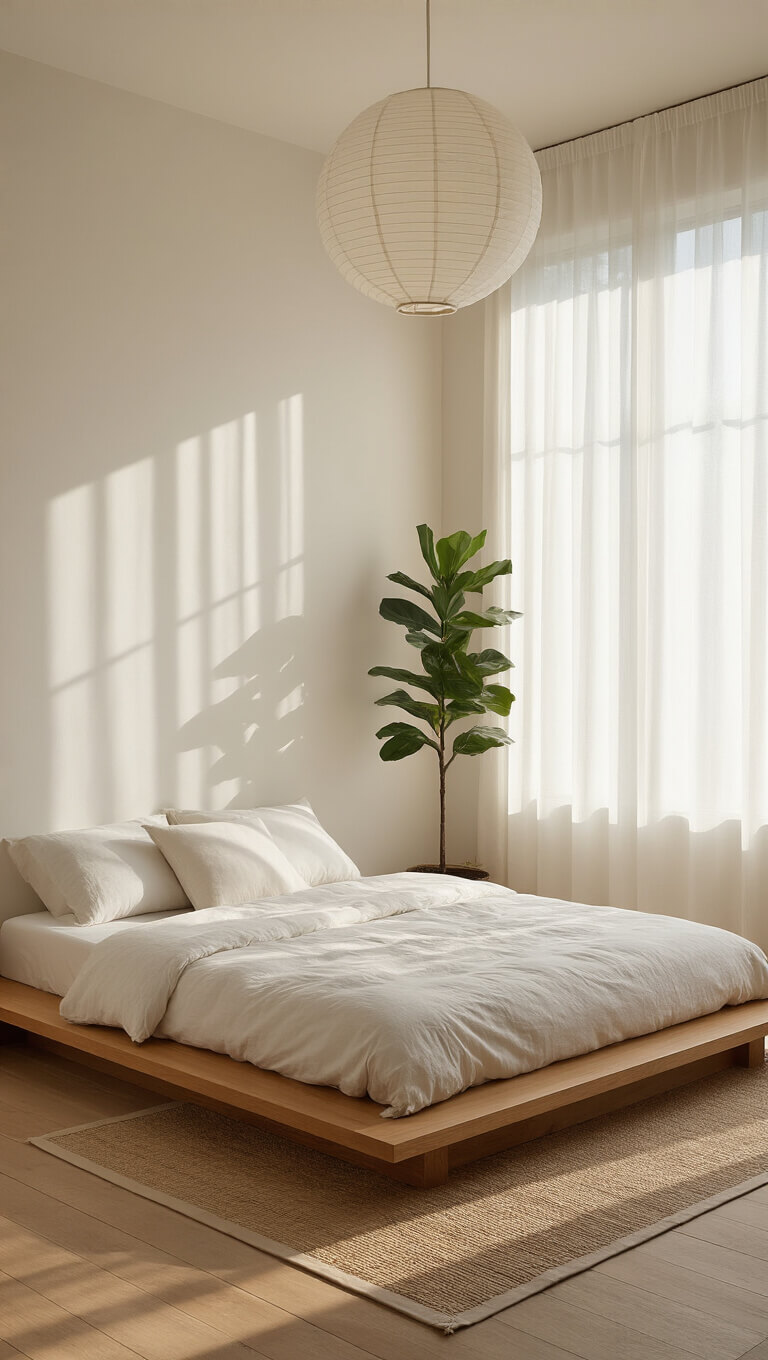 Minimalist zen bedroom with low teak platform bed, white linens, and soft morning light through sheer curtains, viewed from doorway.