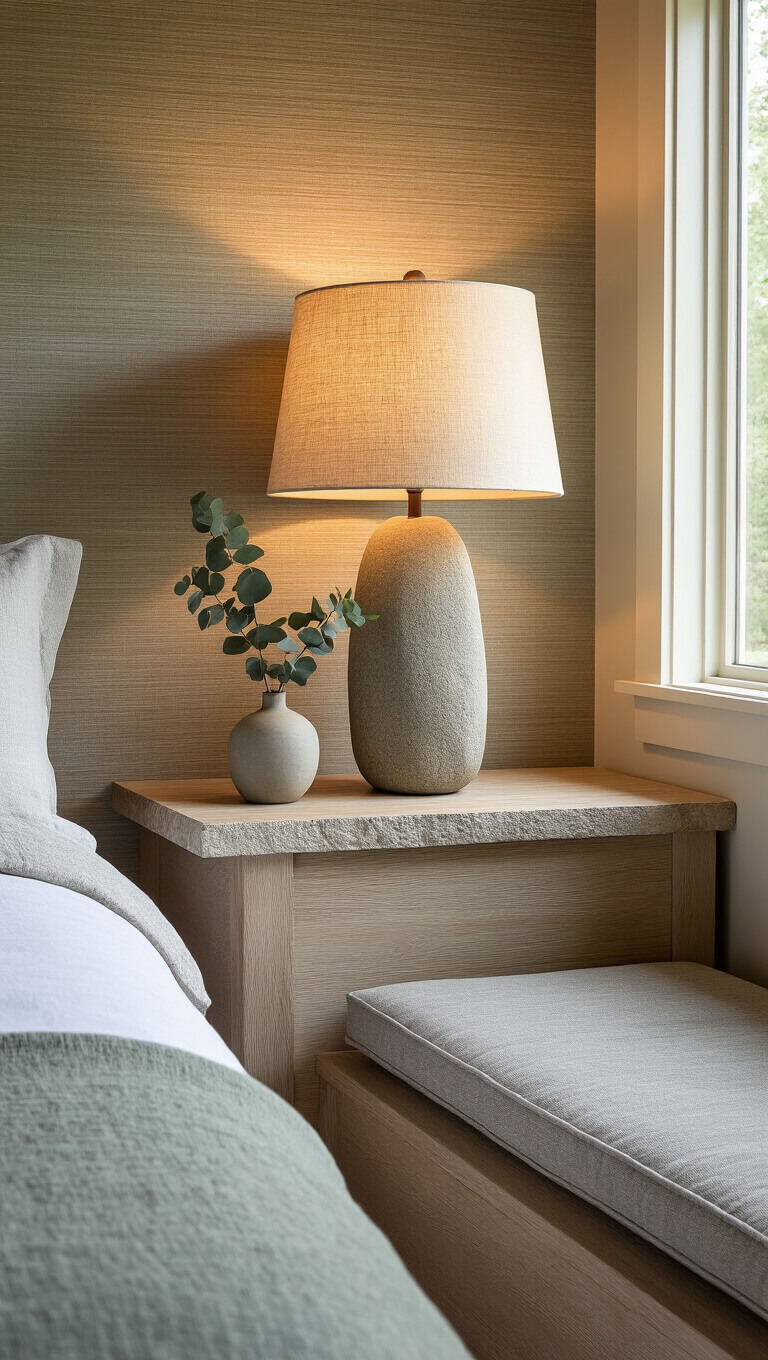 Zen bedroom corner at golden hour with river rock lamp, eucalyptus in ceramic vase, and bleached oak bench under window on textured grasscloth wall.