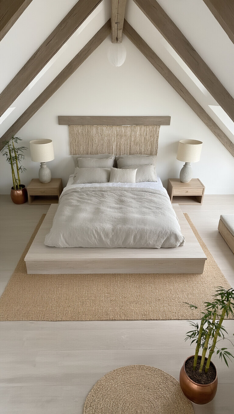 Overhead view of minimalist zen bedroom with platform bed, jute rug, and potted bamboo in airy, vaulted 12x14ft room featuring exposed beams.