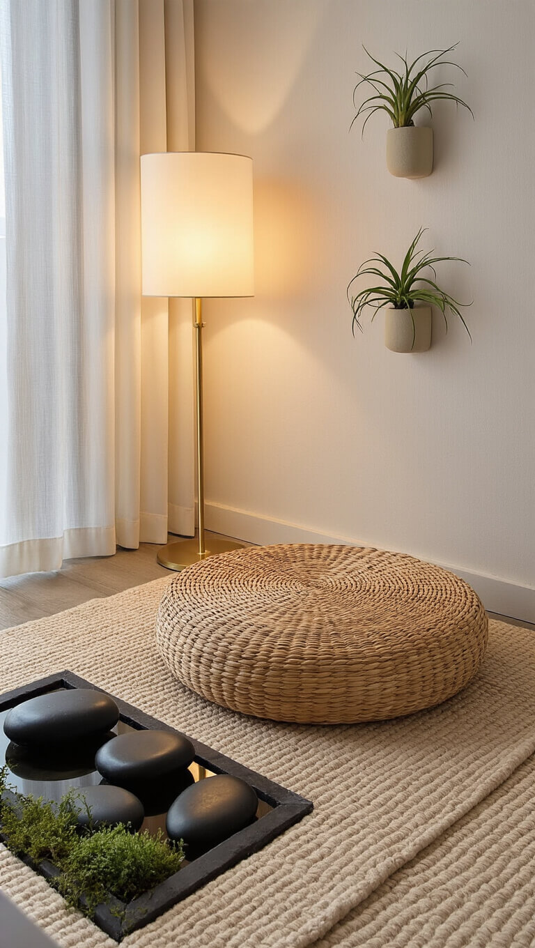 Meditation corner with rattan cushion on wool mat, brass lamp glowing softly, water feature with black stones, sheer curtains filtering city lights, and air plants in ceramic wall holders.