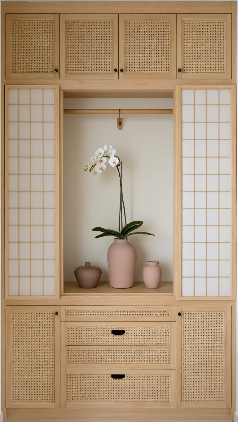 Built-in bamboo cabinets with hidden hardware illuminated by dawn light, featuring a floating shelf with a single orchid, custom shoji screen doors, handcrafted ceramic vessels, and wall-mounted oak hooks holding a linen robe.