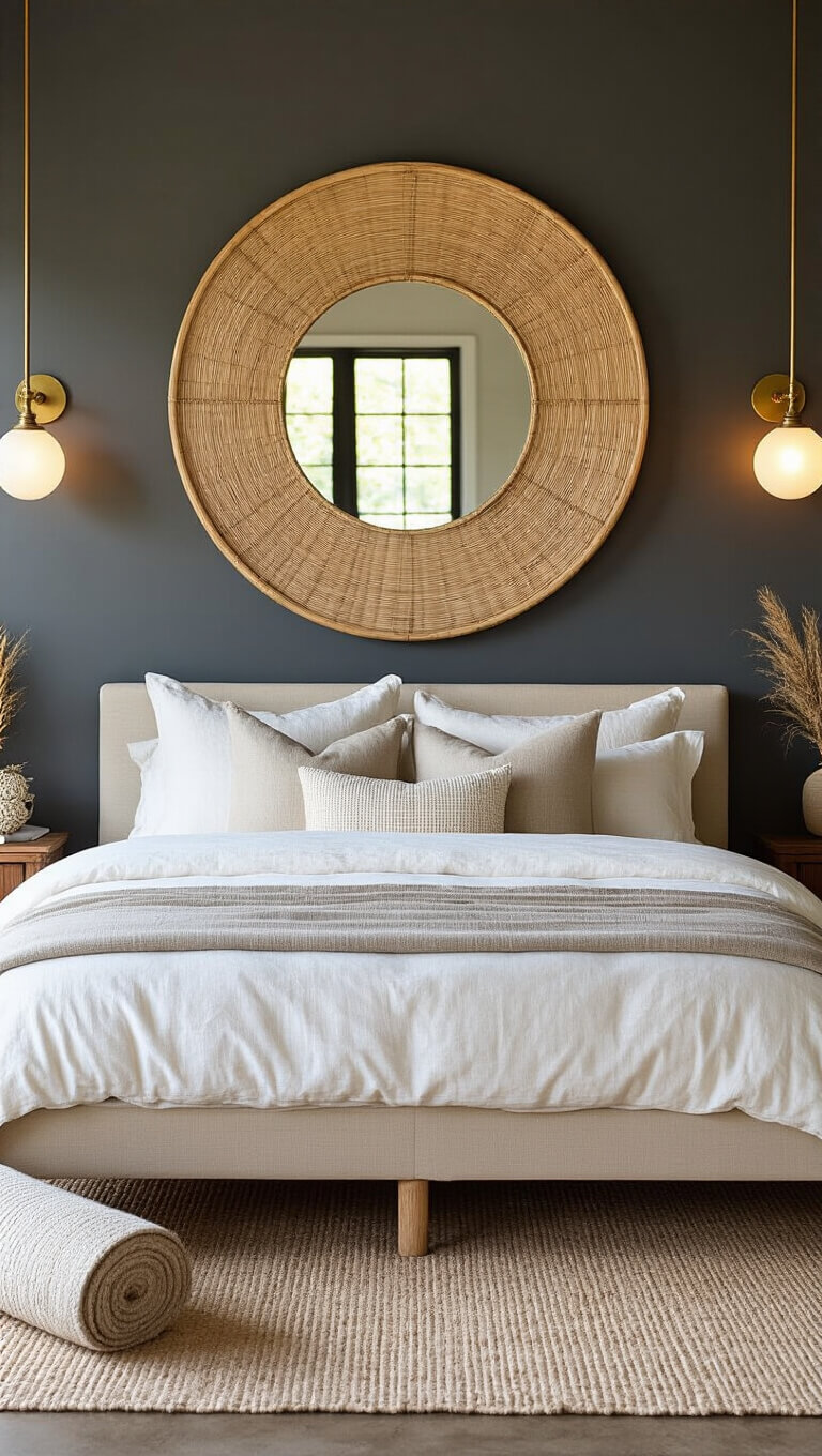 Bedroom at dusk with rattan mirror reflecting soft light, layered neutral bedding, brass sconces, and natural fiber wall décor.