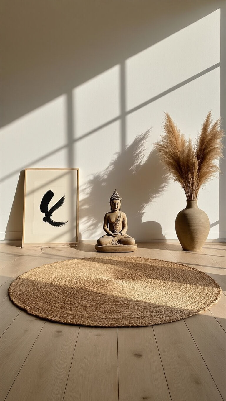 Yoga and meditation space with morning sunlight, jute mat on light oak floor, wooden Buddha statue, pampas grass in ceramic vase, and minimal black ink artwork.