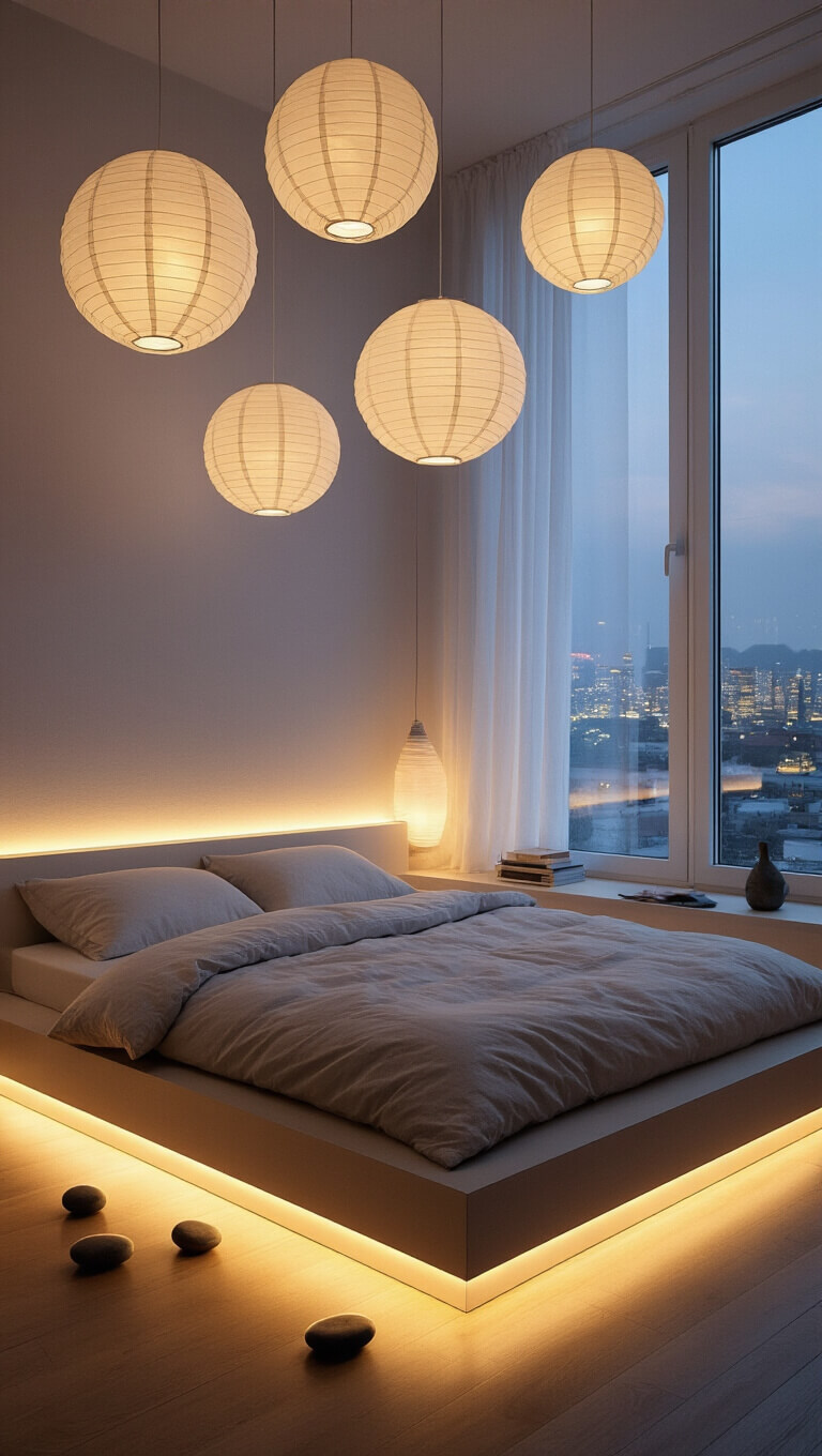 Twilight bedroom with layered lighting, paper lanterns, LED-lit platform bed, glowing linen curtains, and river stones on windowsill.