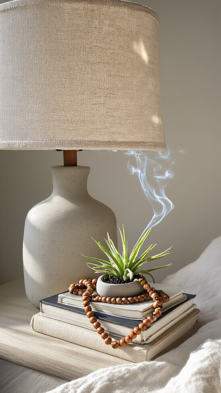 Close-up of bedside vignette with ceramic lamp, stacked meditation books, wooden mala beads, air plant in concrete pot, and incense smoke, all in soft morning light.