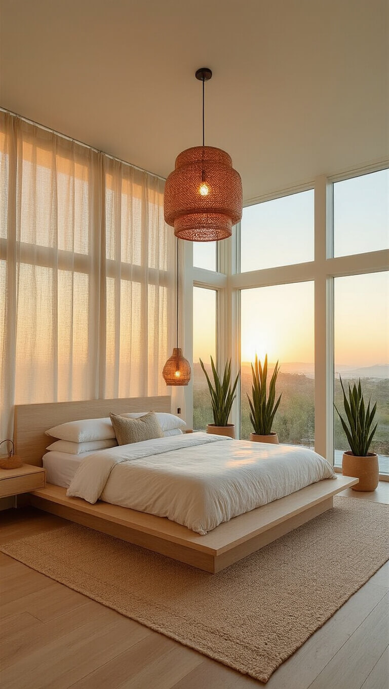 Zen master suite with platform bed, floating bleached oak nightstands, handwoven copper pendant, snake plants, and warm sunset light through linen panels.