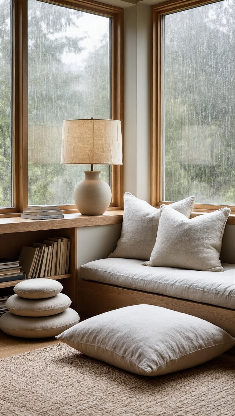 Cozy reading nook with linen floor cushion, low wooden bookshelf, ceramic lamp, meditation cushions, and rain-streaked window in soft, neutral tones.
