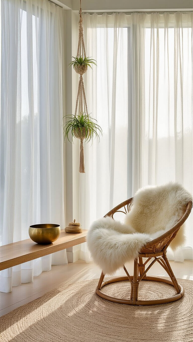 Ethereal dawn light fills a serene meditation space with floor-to-ceiling sheer curtains, a rattan chair draped in sheepskin, brass singing bowl on a floating shelf, and air plants in macrame holders.