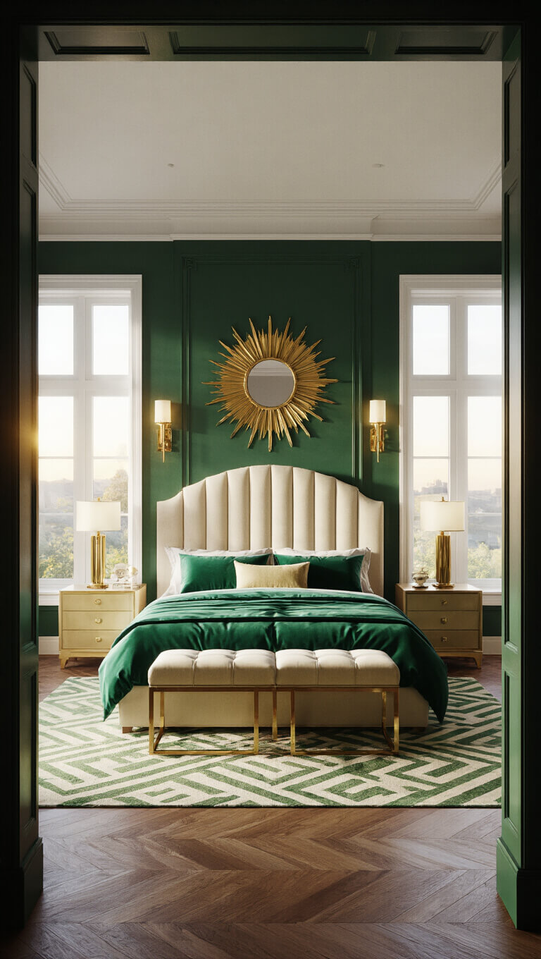 Wide-angle view of an Art Deco master bedroom with emerald green walls, a cream velvet headboard, gold accents, and golden hour sunlight streaming through tall draped windows.