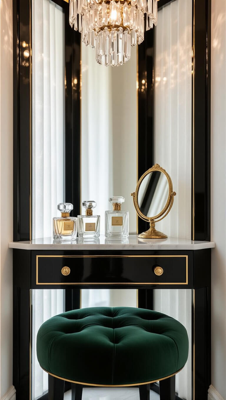 Art Deco vanity nook with black lacquered vanity, gold trim, crystal perfume bottles, emerald velvet stool, and tiered chandelier in morning light.