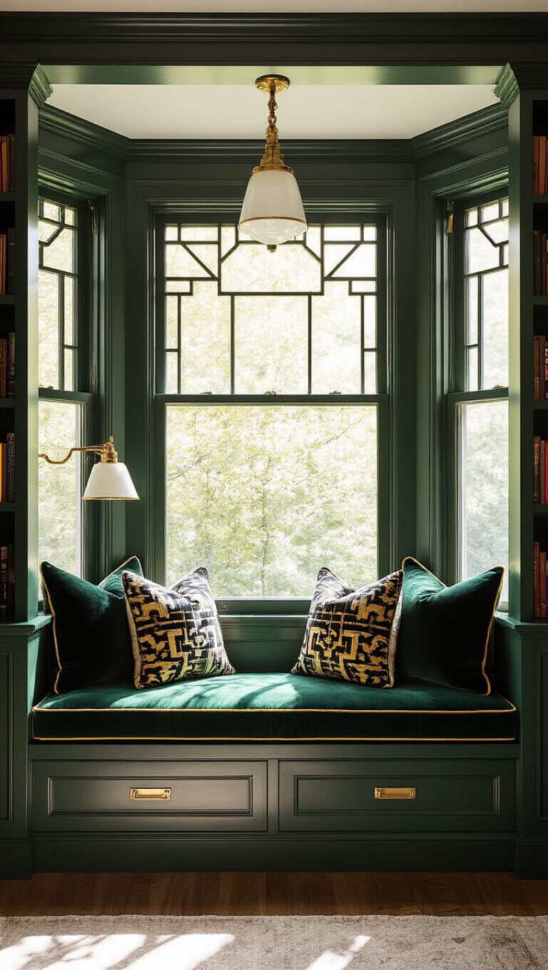 Cozy emerald velvet window seat with Art Deco pillows in sunlit bay window, flanked by glossy green bookcases and brass lamp.