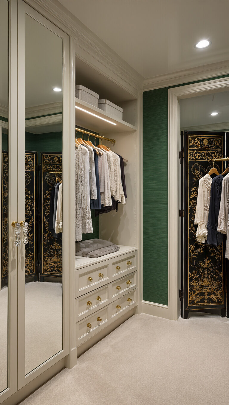 Built-in wardrobes with antiqued mirrors and brass hardware, emerald grasscloth walls, crystal doorknobs, elegant clothes rack, plush cream carpet, and black-and-gold Oriental screen, shot from low angle with dramatic side lighting.