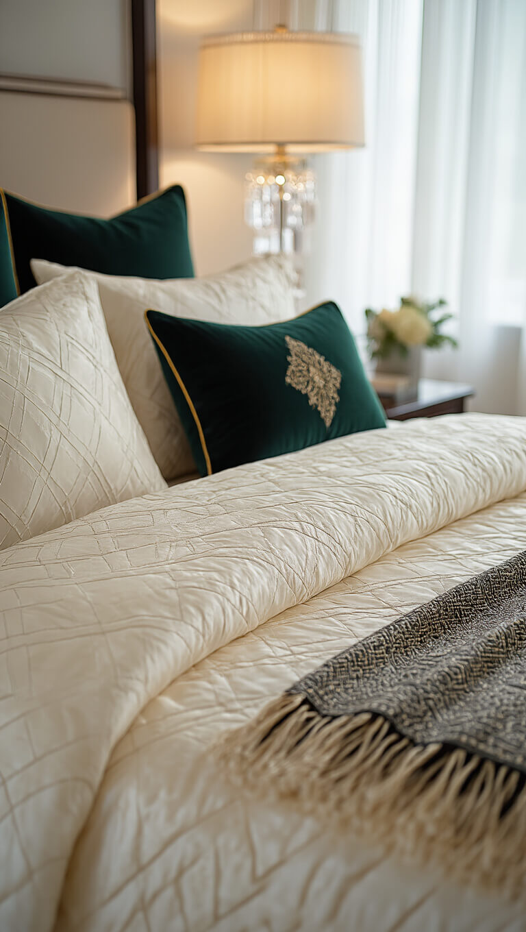 Close-up of luxurious bed layers with ivory silk duvet, emerald velvet shams, black silk pillows, and metallic throw blanket under warm crystal lamp lighting.