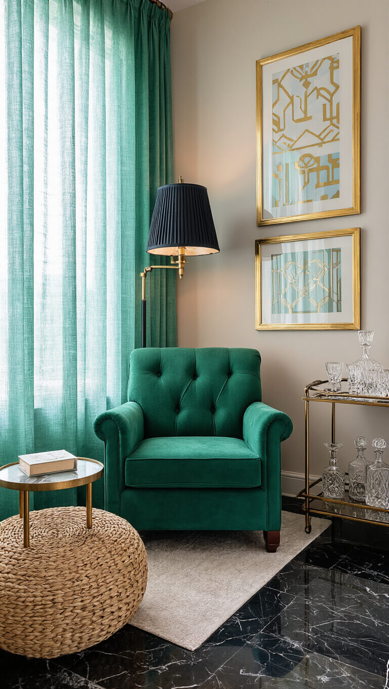 Cozy reading nook with emerald armchair, brass table, vintage bar cart, and Art Deco gallery wall in moody afternoon light.