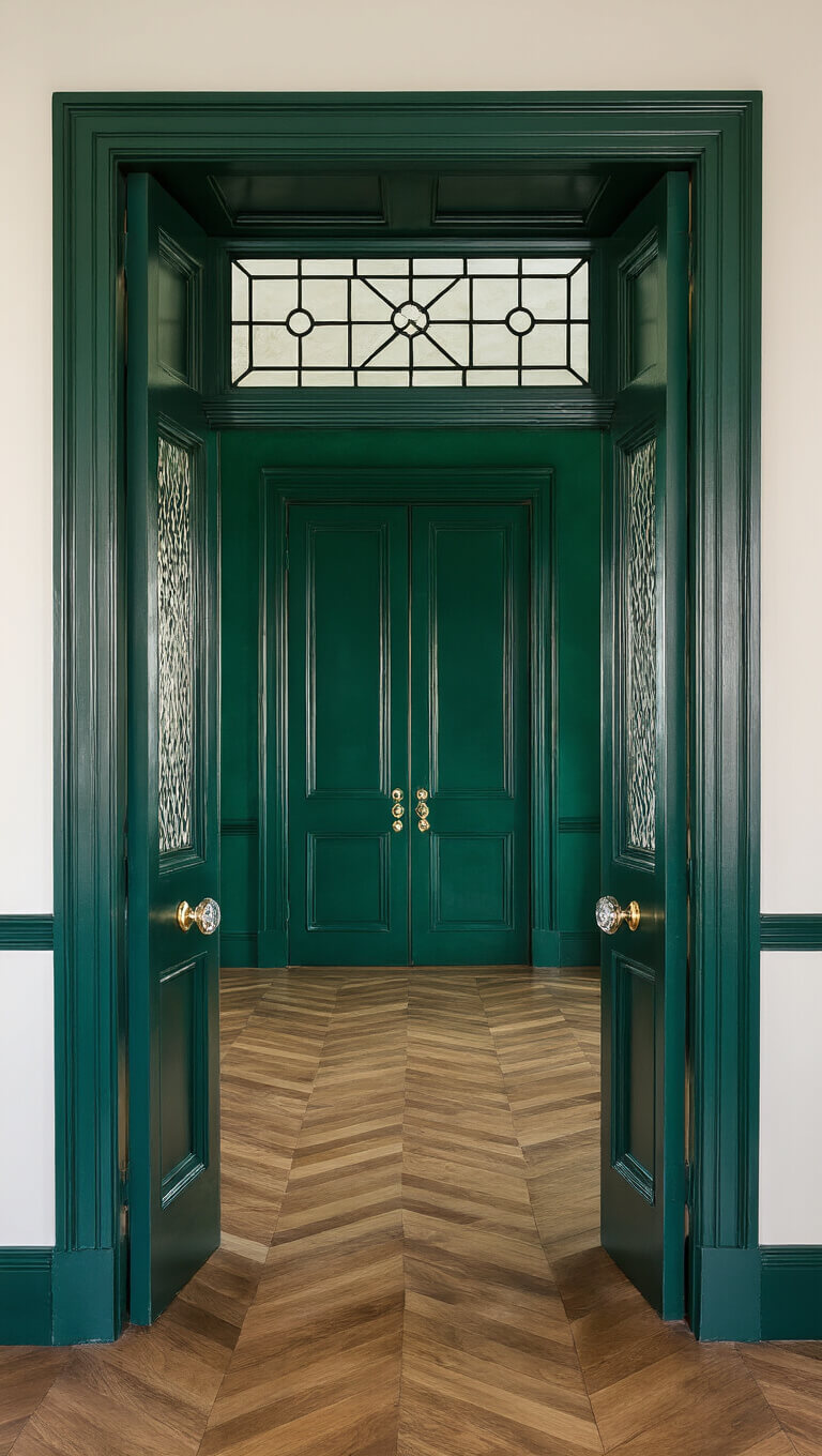 Framed view through ornate double doors with crystal knobs, showing a symmetrical emerald room, herringbone floor, and geometric transom window above; dramatic lighting highlights contrast between spaces.