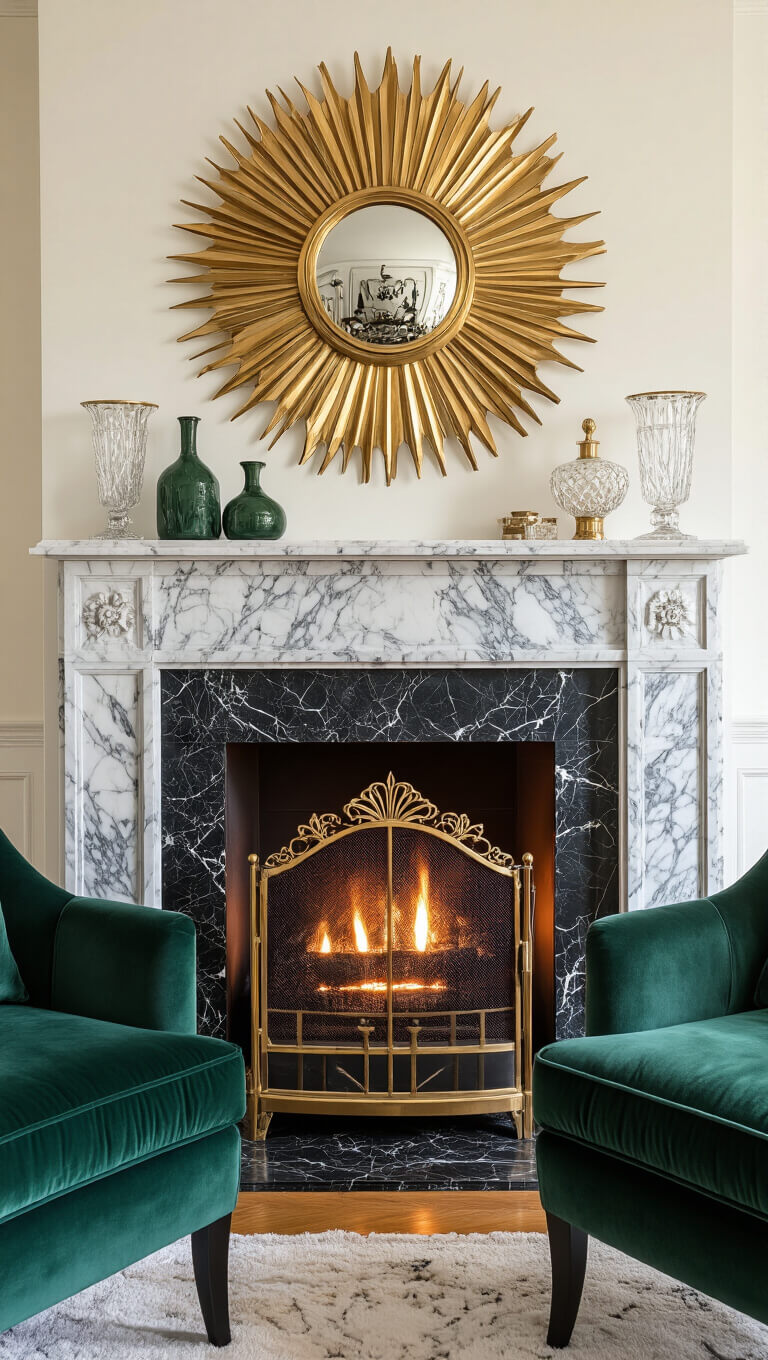 Art Deco marble fireplace with brass sunburst screen, emerald velvet chairs, and gilded mirror above mantel decorated with crystal vases.