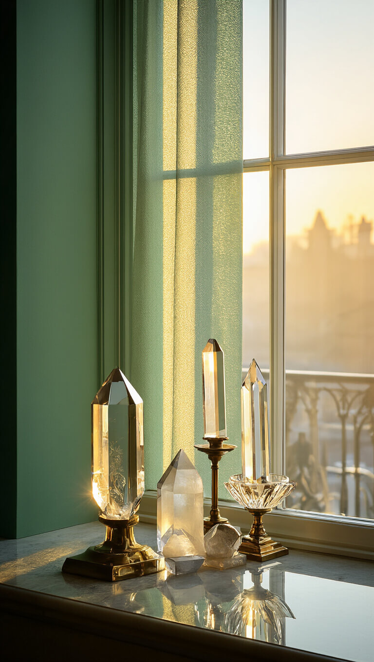 Sunlight filtering through silk drapes highlights crystal, brass, and emerald-toned walls with reflective surfaces glowing in natural morning light.