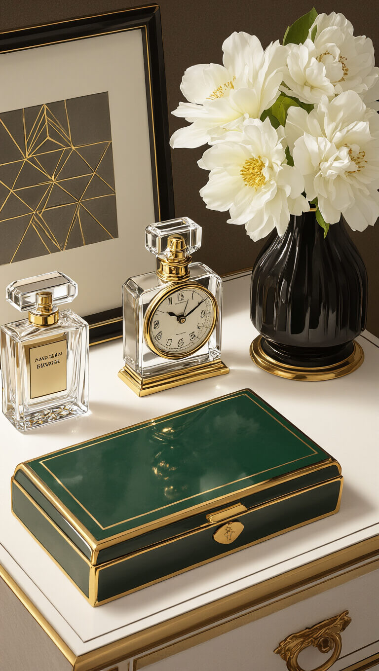 Art Deco nightstand still life with vintage brass clock, crystal perfume bottles, geometric artwork, white flowers in black vase, and emerald lacquer box, shot from above.