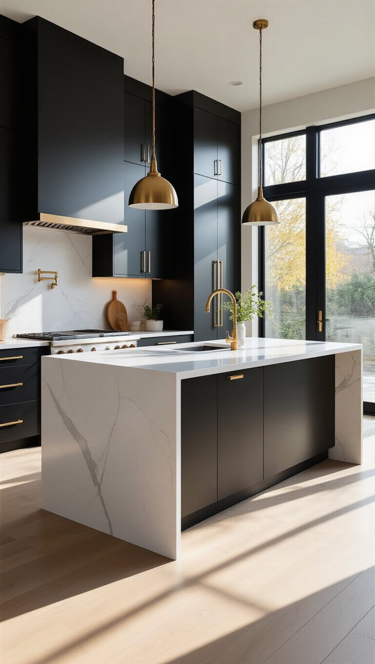 Modern 12x15ft kitchen with matte black cabinets, white quartz waterfall island, brass accents, and morning light through floor-to-ceiling windows.
