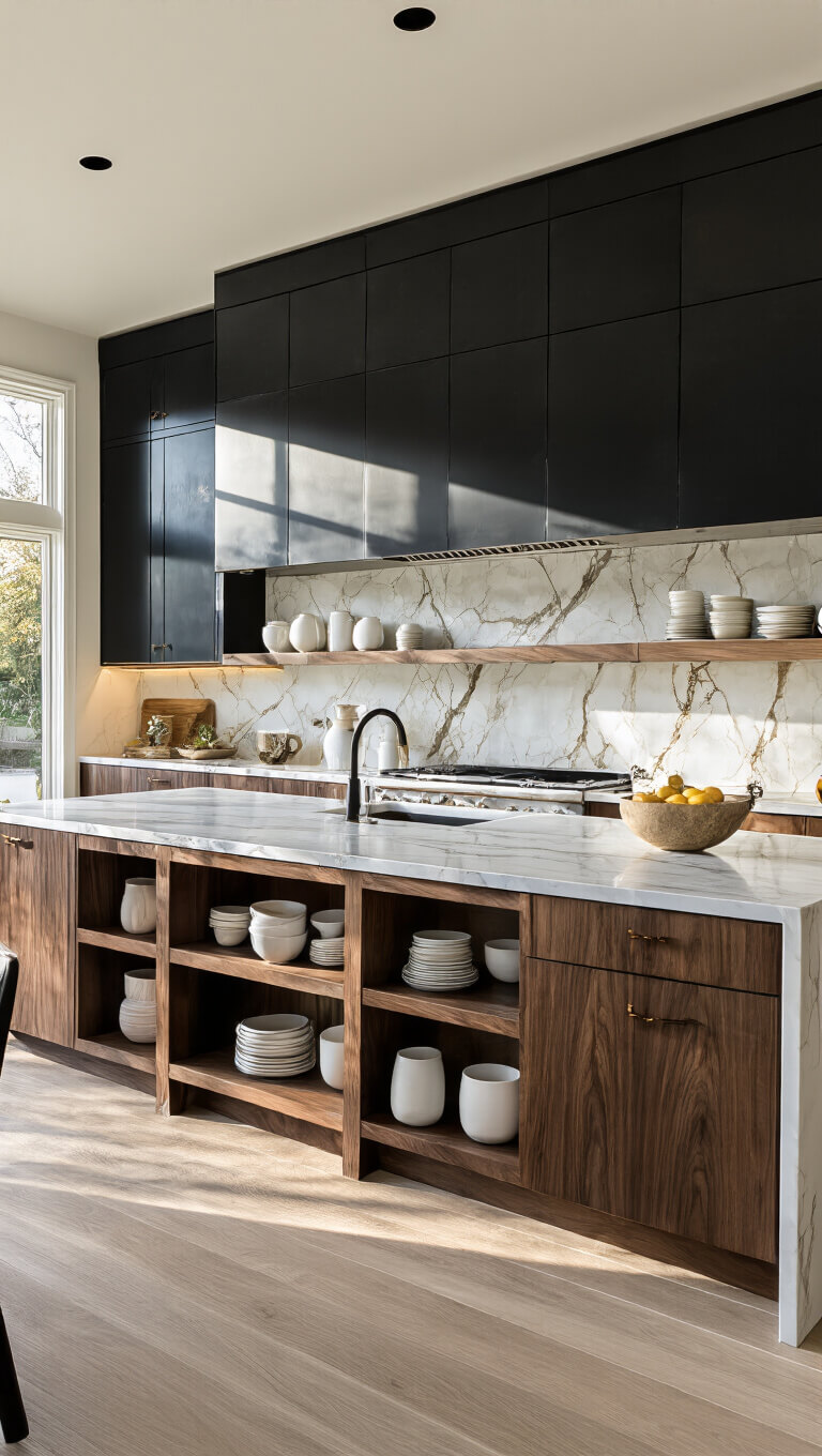 Open-concept kitchen with high-gloss black cabinets, white marble backsplash, and walnut shelves lit by golden hour sunlight.