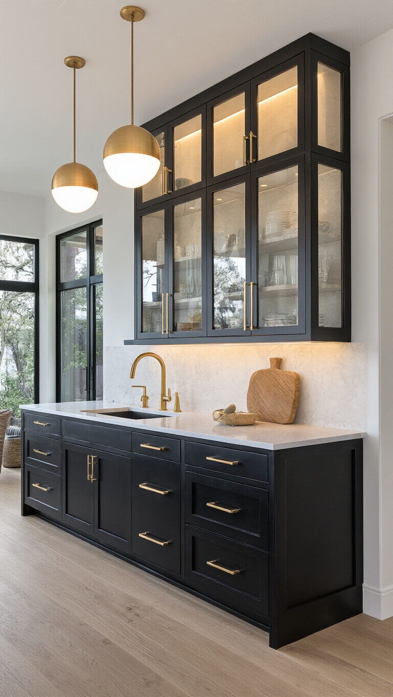 Contemporary kitchen at dusk with matte black cabinets, illuminated glass uppers, brass hardware, and modern globe lighting.