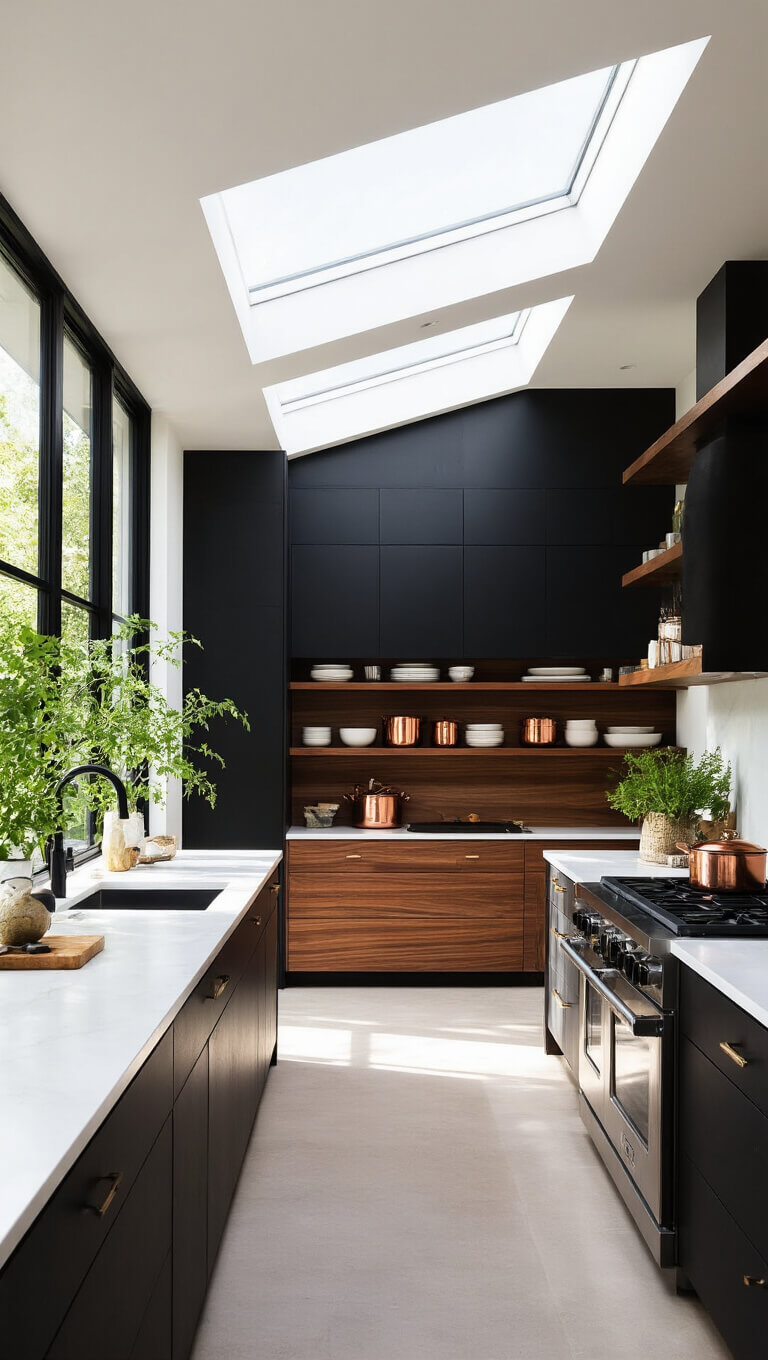 Minimalist black kitchen with skylights, matte black cabinets, walnut open shelves, white floating counters, copper cookware, and fresh herbs.