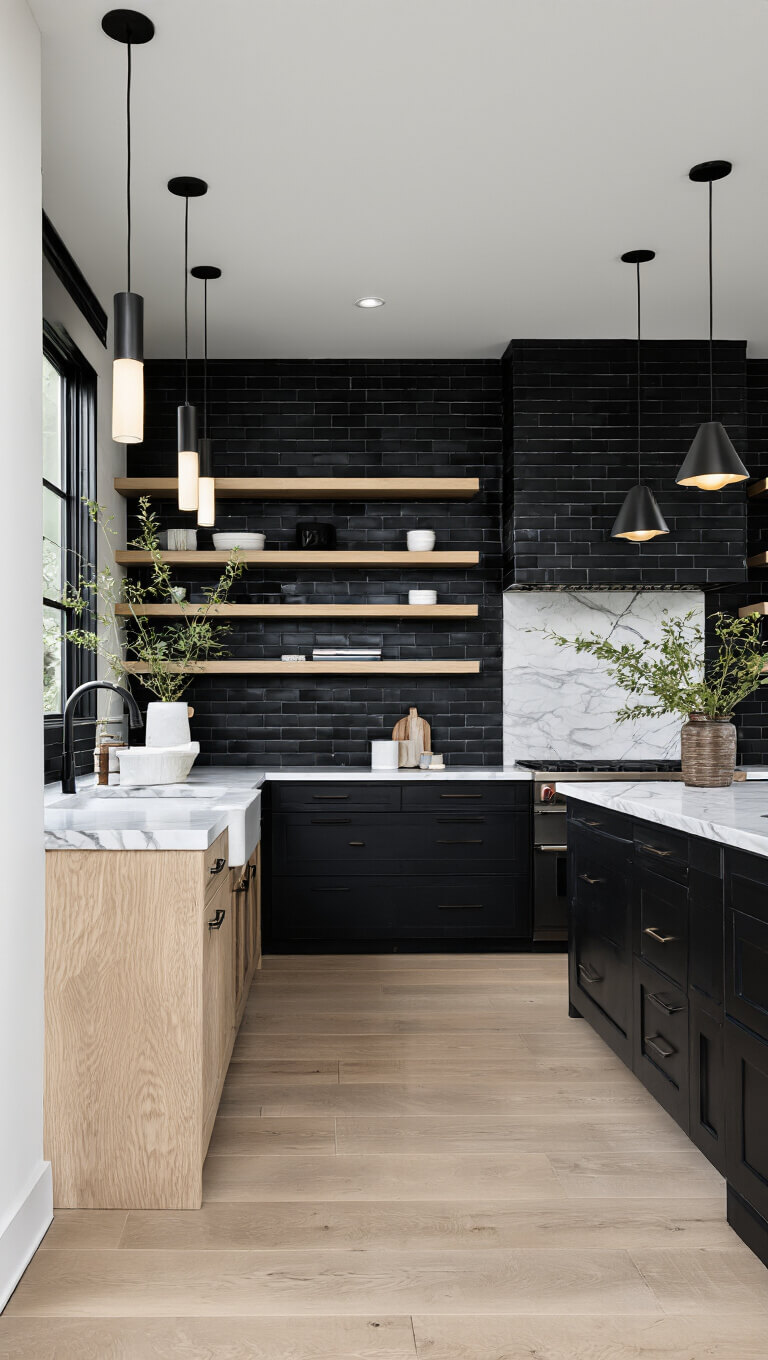 Dramatic overhead view of an all-black kitchen with 12ft ceilings, textured black subway tiles, bleached oak shelves, white marble counters, and moody lighting.
