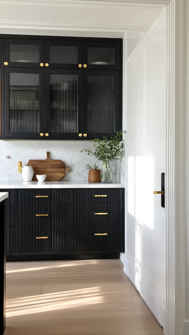 Modern kitchen with black ribbed cabinets, smoked glass uppers, brass hardware, and white stone surfaces, illuminated by morning light through a doorway.