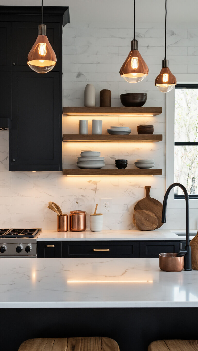 Cozy black modern kitchen with under-cabinet lighting on white quartz counters, warm pendant lights, and copper and wooden accents.