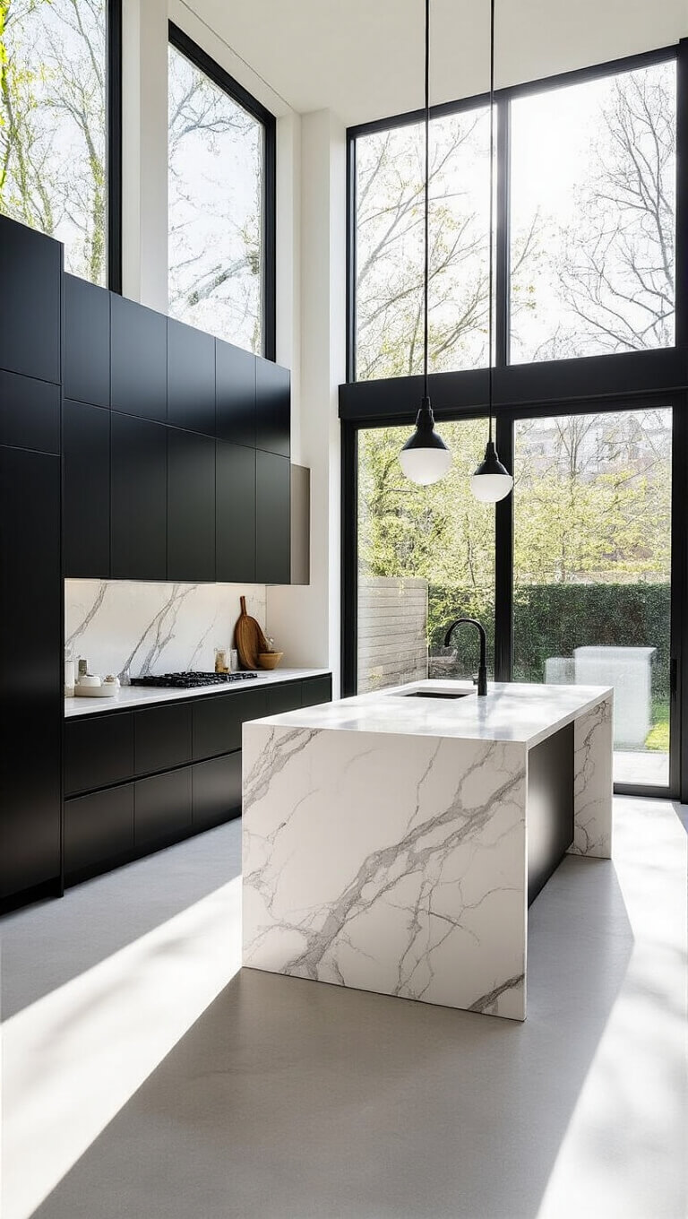 Contemporary black kitchen with floor-to-ceiling windows, white marble island, and a bright, airy atmosphere.