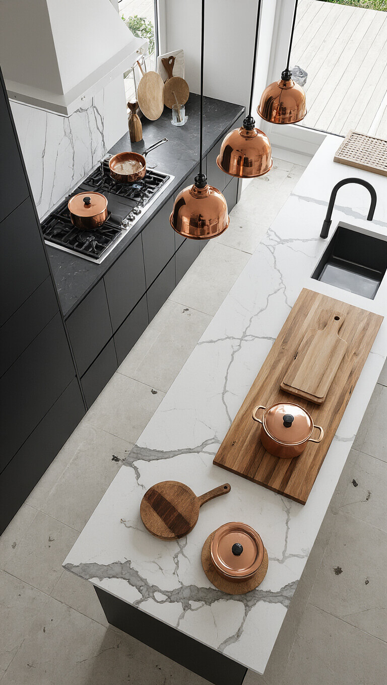Overhead view of modern black kitchen island with white quartzite top, copper cookware, and wooden cutting boards.