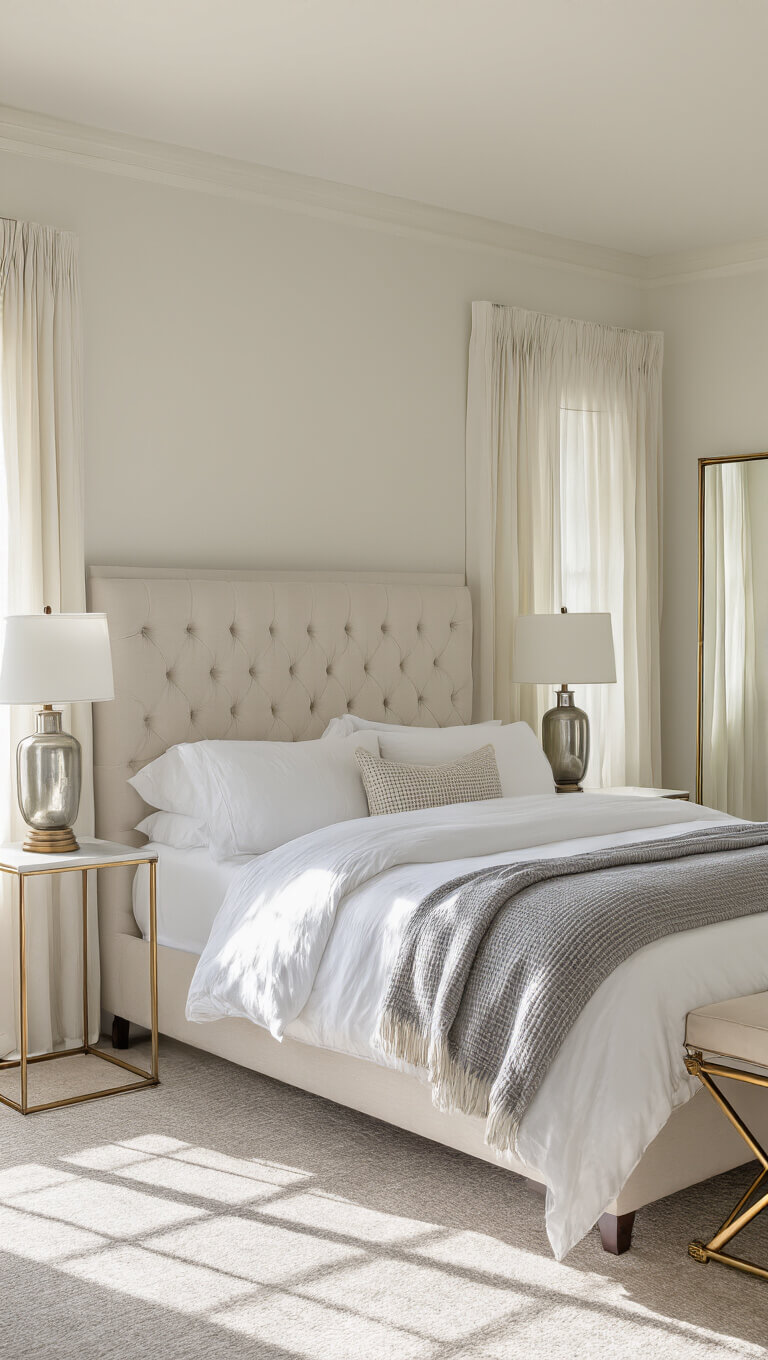 Serene guest bedroom with queen bed in white linens, gray throw, cream tufted headboard, and soft morning light through white curtains.