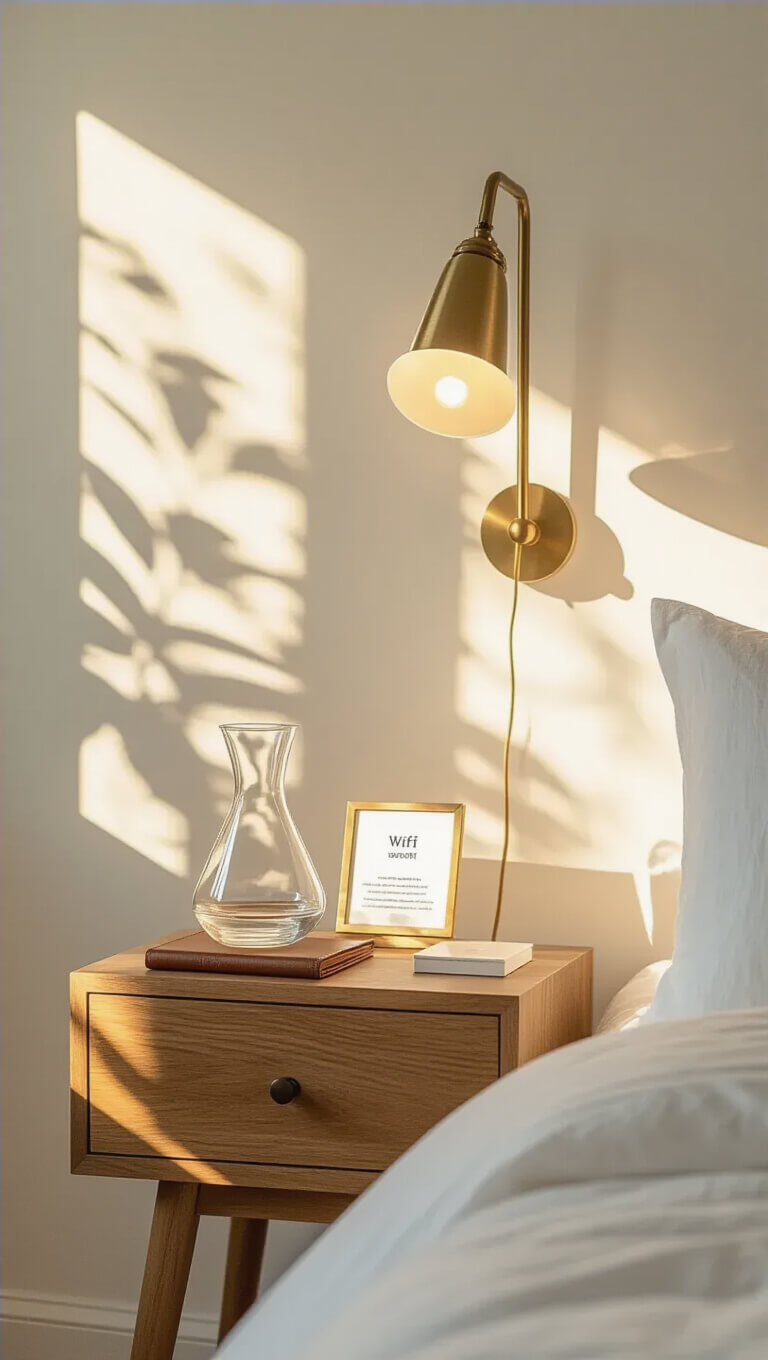 Golden hour light illuminates a guest room nightstand with a glass carafe, brass lamp, framed Wi-Fi password, and leather guest book, styled against white walls and rich wood tones.