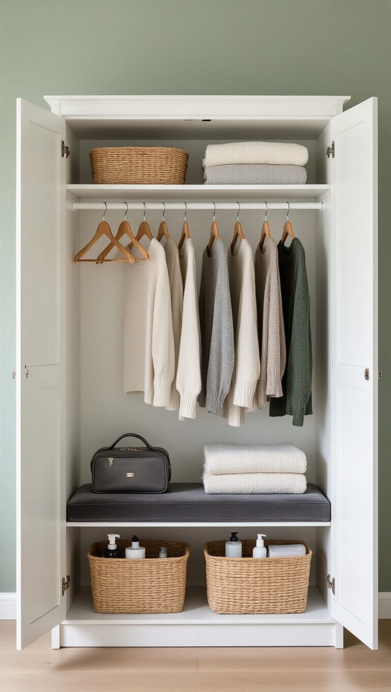 Minimalist white wardrobe open to show organized hangers, folded blankets, woven basket with toiletries, and charcoal velvet bench against sage green walls.