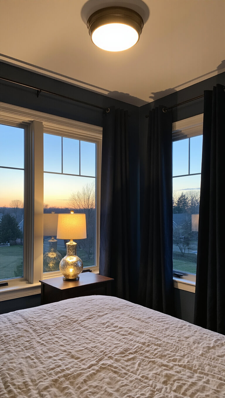Cozy guest room at dusk with layered warm lighting, including overhead fixture and mercury glass lamps, deep blue-gray walls, blackout curtains, and soft night light near en-suite.