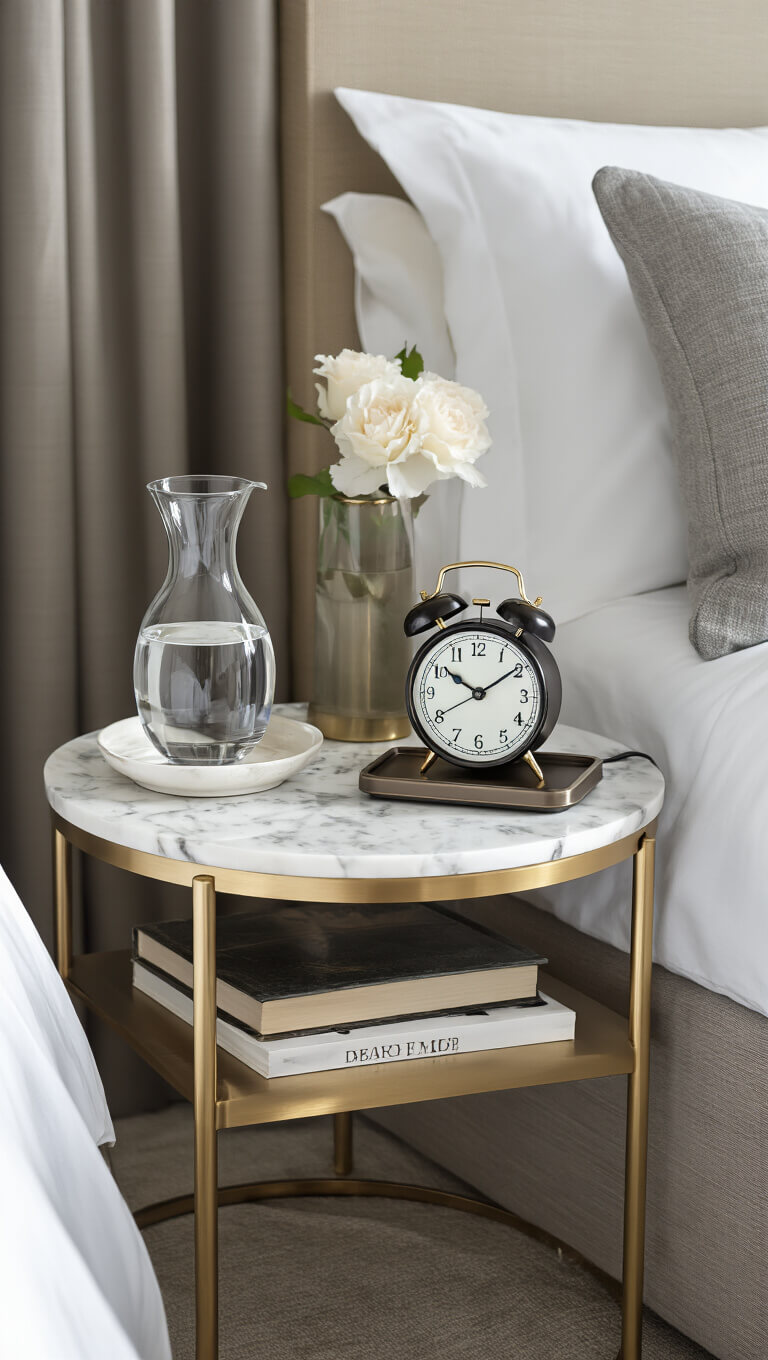 Luxury bedside scene with brass and marble side table, hidden charging station, classic alarm clock, water carafe, and books in soft morning light.