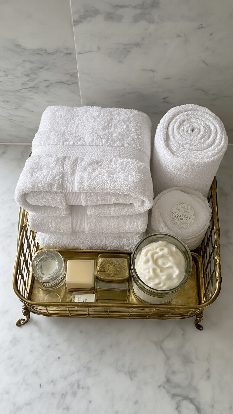 Overhead view of an elegant en-suite setup with rolled white Turkish towels in a vintage brass basket and a neatly arranged toiletry tray on a marble surface, softly lit to highlight textures.