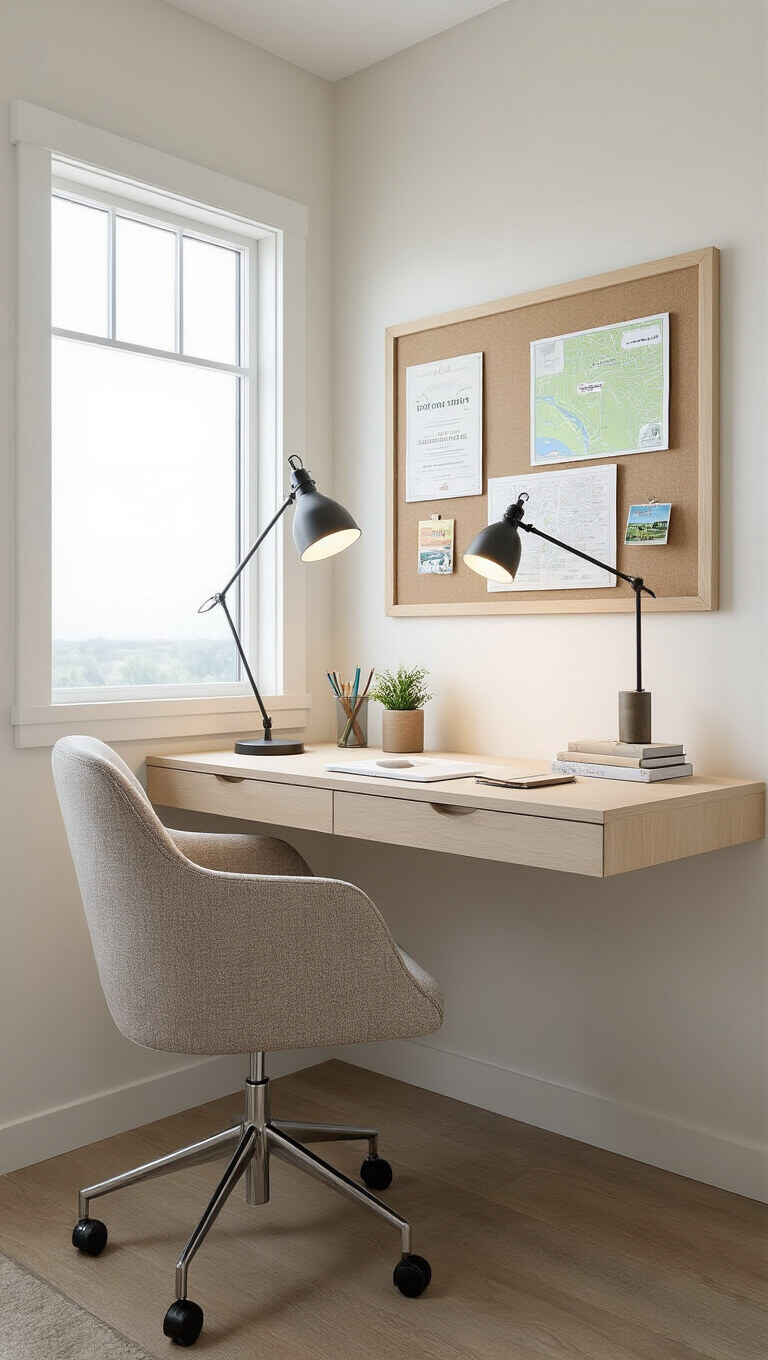 Bright guest room workspace with floating oak desk, task lamp, upholstered chair, and pin board displaying maps.
