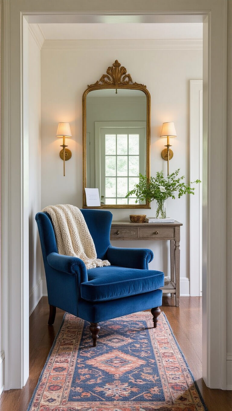View into guest suite featuring a vintage runner, deep azure velvet armchair with hand-knit throw, brass sconces, antique mirror, and welcome note.