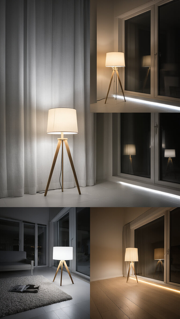 Evening room with table lamps, floor lamp in reading nook, and ambient LED strips, captured in long exposure.