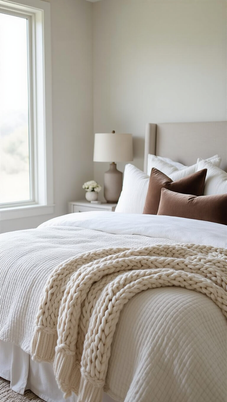 Layered bed with white linens, chunky knit throw, velvet pillows, and quilted coverlet in soft morning light from elevated angle.